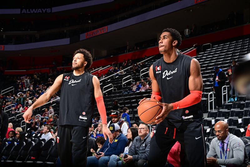 DETROIT, MI - JANUARY 27: Cade Cunningham #2 of the Detroit Pistons and Jaden Ivey #23 of the Detroit Pistons warm up before the game against the Washington Wizards on January 27, 2024 at Little Caesars Arena in Detroit, Michigan. NOTE TO USER: User expressly acknowledges and agrees that, by downloading and/or using this photograph, User is consenting to the terms and conditions of the Getty Images License Agreement. Mandatory Copyright Notice: Copyright 2024 NBAE (Photo by Chris Schwegler/NBAE via Getty Images)