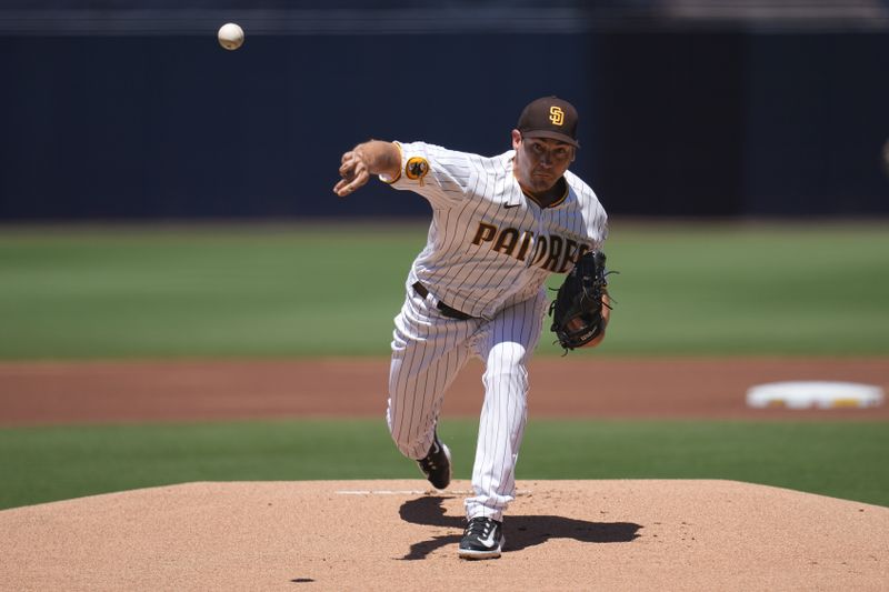 Aug 23, 2023; San Diego, California, USA;  San Diego Padres starting pitcher Seth Lugo (67) throws a pitch against to the Miami Marlins during the first inning at Petco Park. Mandatory Credit: Ray Acevedo-USA TODAY Sports