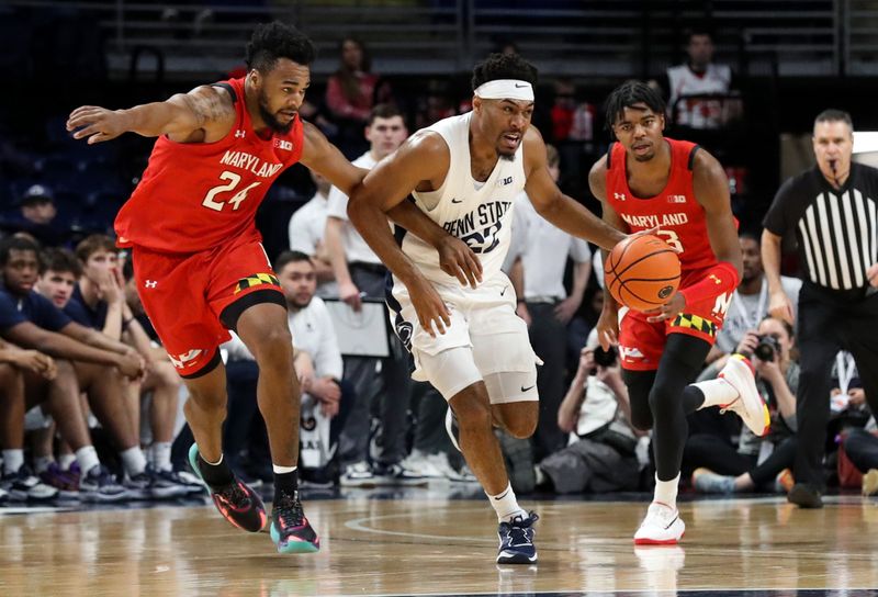 Mar 5, 2023; University Park, Pennsylvania, USA; Penn State Nittany Lions guard Jalen Pickett (22) dribbles the ball as Maryland Terrapins forward Donta Scott (24) defends during the first half at Bryce Jordan Center. Mandatory Credit: Matthew OHaren-USA TODAY Sports