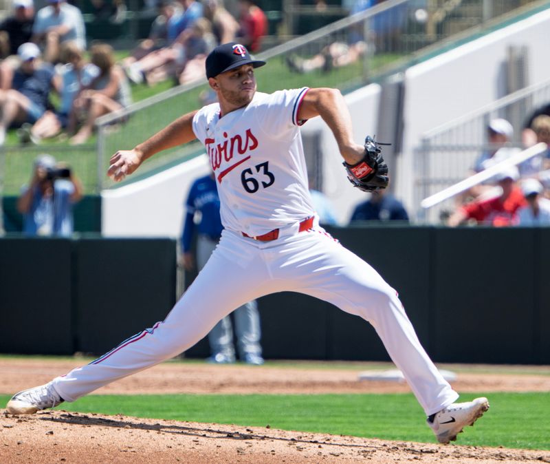 Mar 22, 2025; Fort Myers, Florida, USA; Minnesota Twins pitcher Eiberson Castellano (63) pitching against the Toronto Blue Jays at Lee Health Sports Complex. Mandatory Credit: Chris Tilley-Imagn Images