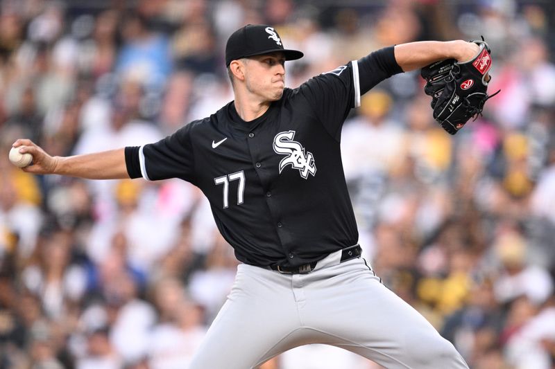 Sep 21, 2024; San Diego, California, USA; Chicago White Sox starting pitcher Chris Flexen (77) pitches against the San Diego Padres during the first inning at Petco Park. Mandatory Credit: Orlando Ramirez-Imagn Images