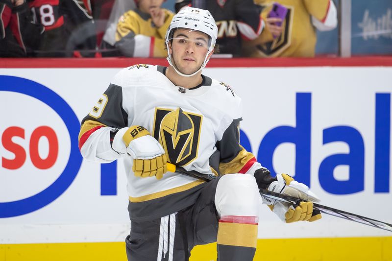 Feb 24, 2024; Ottawa, Ontario, CAN; Vegas Golden Knights center Brendan Brisson (19) during warmup prior to game against the Ottawa Senators at the Canadian Tire Centre. Mandatory Credit: Marc DesRosiers-USA TODAY Sports