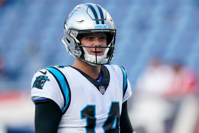 Carolina Panthers quarterback Sam Darnold warms up prior to a preseason NFL football game against the New England Patriots, Friday, Aug. 19, 2022, in Foxborough, Mass. (AP Photo/Charles Krupa)