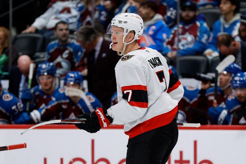 Oct 27, 2024; Denver, Colorado, USA; Ottawa Senators left wing Brady Tkachuk (7) reacts after his goal in the third period against the Colorado Avalanche at Ball Arena. Mandatory Credit: Isaiah J. Downing-Imagn Images