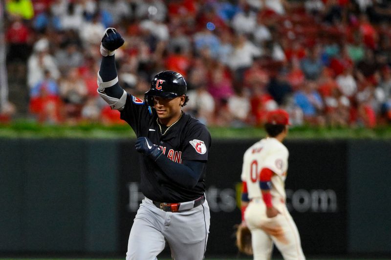 Sep 21, 2024; St. Louis, Missouri, USA;  Cleveland Guardians catcher Bo Naylor (23) reacts as he runs the bases after hitting a solo home run against the St. Louis Cardinals during the fifth inning at Busch Stadium. Mandatory Credit: Jeff Curry-Imagn Images