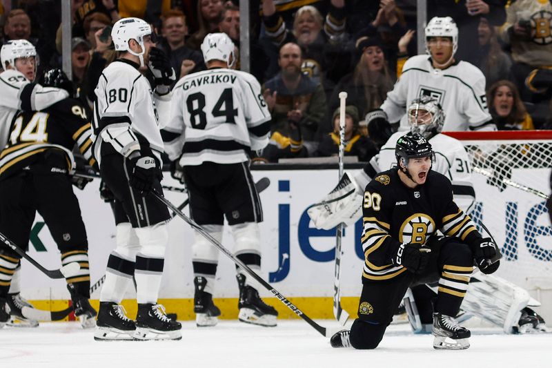 Feb 17, 2024; Boston, Massachusetts, USA; Boston Bruins center Anthony Richard (90) celebrates his goal against the Los Angeles Kings during the second period at TD Garden. Mandatory Credit: Winslow Townson-USA TODAY Sports