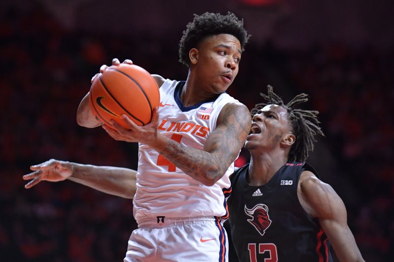 Jan 21, 2024; Champaign, Illinois, USA; Illinois Fighting Illini guard Justin Harmon (4) grabs a rebound infant of Rutgers Scarlet Knights forward Antwone Woolfolk (13) during the second half at State Farm Center. Mandatory Credit: Ron Johnson-USA TODAY Sports