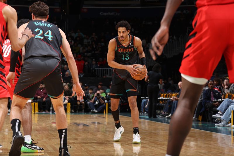 WASHINGTON, DC -? APRIL 5: Jordan Poole #13 of the Washington Wizards dribbles the ball during the game against the Portland Trail Blazers on April 5, 2024 at Capital One Arena in Washington, DC. NOTE TO USER: User expressly acknowledges and agrees that, by downloading and or using this Photograph, user is consenting to the terms and conditions of the Getty Images License Agreement. Mandatory Copyright Notice: Copyright 2024 NBAE (Photo by Stephen Gosling/NBAE via Getty Images)