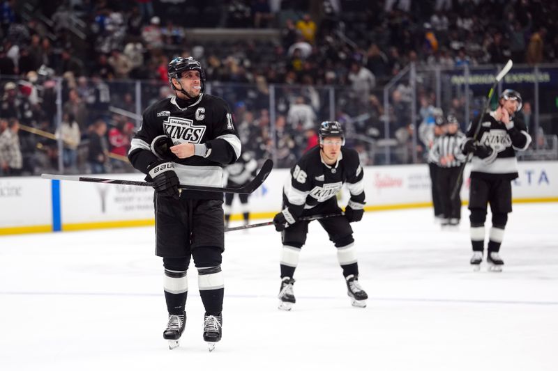 Dec 2, 2025; Los Angeles, California, USA; LA Kings center Anze Kopitar (11) reacts at the end of the game against the Washington Capitals at Crypto.com Arena. Mandatory Credit: Kirby Lee-Imagn Images