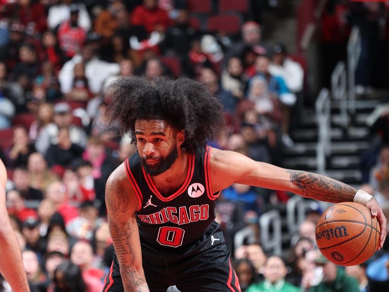 CHICAGO, IL - NOVEMBER 29: Coby White #0 of the Chicago Bulls dribbles the ball during the game against the Boston Celtics during the Emirates NBA Cup game on November 29, 2024 at United Center in Chicago, Illinois. NOTE TO USER: User expressly acknowledges and agrees that, by downloading and or using this photograph, User is consenting to the terms and conditions of the Getty Images License Agreement. Mandatory Copyright Notice: Copyright 2024 NBAE (Photo by Jeff Haynes/NBAE via Getty Images)