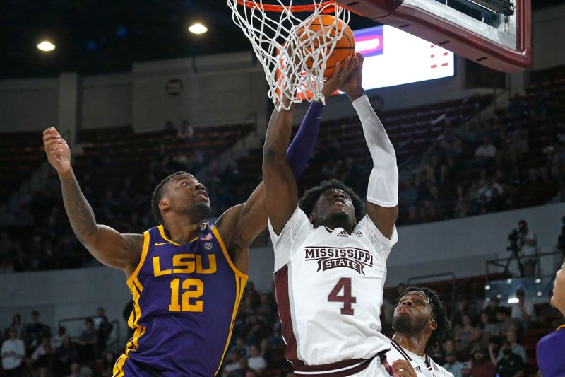 Feb 8, 2023; Starkville, Mississippi, USA; LSU Tigers forward KJ Williams (12) and Mississippi State Bulldogs guard/forward Cameron Matthews (4) battle for a rebound during the first half at Humphrey Coliseum. Mandatory Credit: Petre Thomas-USA TODAY Sports