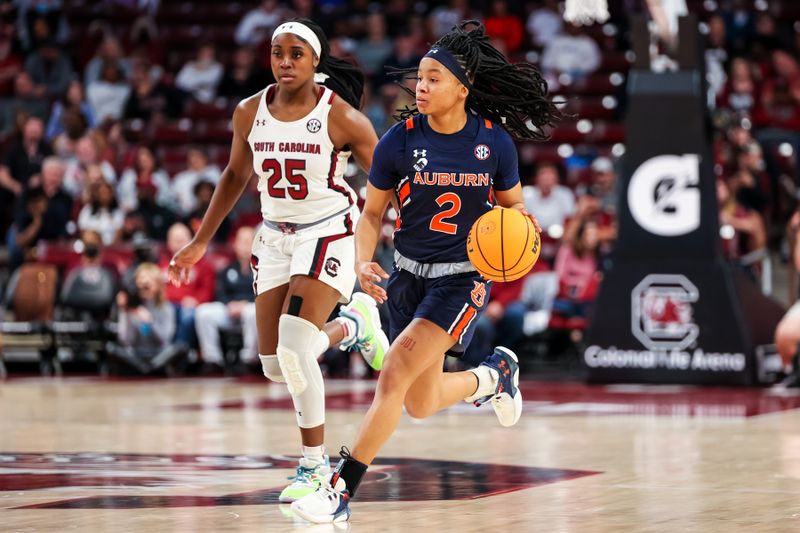 Jan 5, 2023; Columbia, South Carolina, USA; Auburn Tigers guard Sania Wells (2) brings the ball up against the South Carolina Gamecocks in the second half at Colonial Life Arena. Mandatory Credit: Jeff Blake-USA TODAY Sports