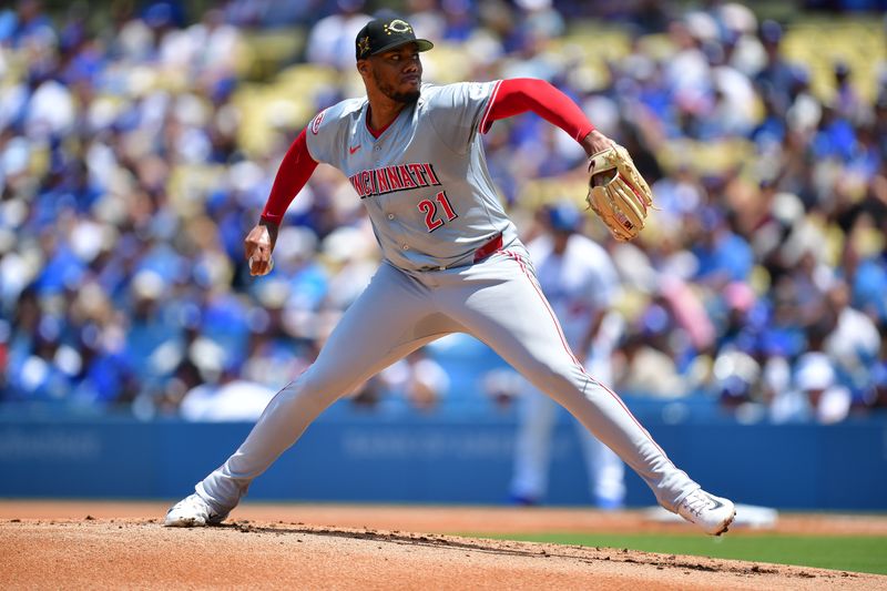 May 19, 2024; Los Angeles, California, USA; Cincinnati Reds pitcher Hunter Greene (21) throws against the Los Angeles Dodgers during the first inning at Dodger Stadium. Mandatory Credit: Gary A. Vasquez-USA TODAY Sports