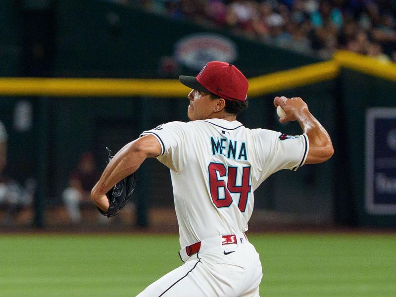 Jun 1, 2025; Phoenix, Arizona, USA; Arizona Diamondbacks pitcher Cristian Mena (64) comes in to pitch the sixth against the Washington Nationals at Chase Field. Mandatory Credit: Allan Henry-Imagn Images