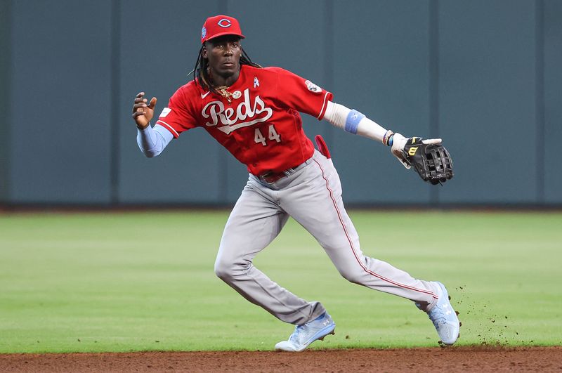 Jun 18, 2023; Houston, Texas, USA; Cincinnati Reds shortstop Elly De La Cruz (44) fields a ground ball during the fourth inning against the Houston Astros at Minute Maid Park. Mandatory Credit: Troy Taormina-USA TODAY Sports