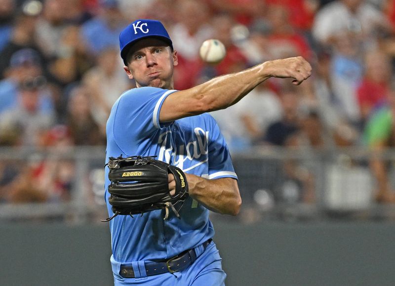 Aug 12, 2023; Kansas City, Missouri, USA;  Kansas City Royals third baseman Matt Duffy (15) throws the ball to first base for an out in the eighth inning against the St. Louis Cardinals at Kauffman Stadium. Mandatory Credit: Peter Aiken-USA TODAY Sports