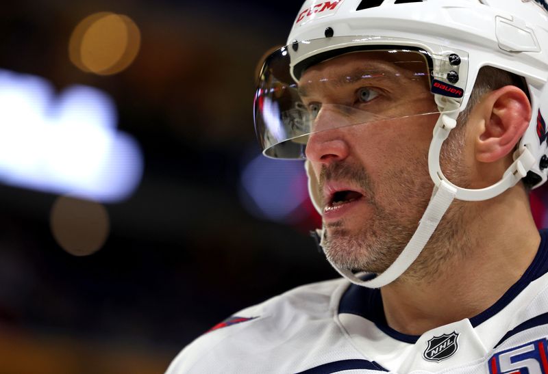 Jan 6, 2025; Buffalo, New York, USA;  Washington Capitals left wing Alex Ovechkin (8) waits for the face-off during the first period against the Buffalo Sabres at KeyBank Center. Mandatory Credit: Timothy T. Ludwig-Imagn Images