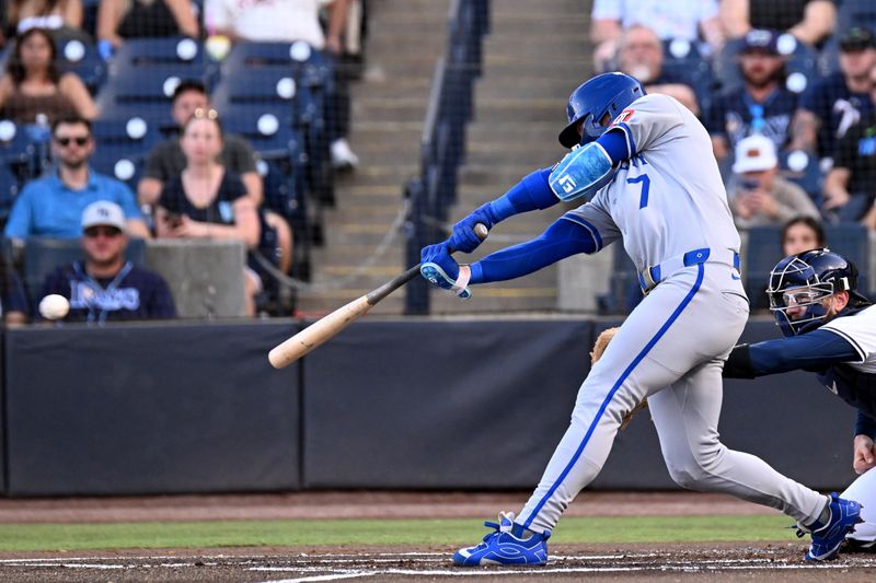 Apr 30, 2025; St. Petersburg, Florida, USA; Kansas City Royals shortstop Bobby Witt Jr. (7) hits a single in the first inning against the Tampa Bay Rays at George M. Steinbrenner Field. Mandatory Credit: Jonathan Dyer-Imagn Images