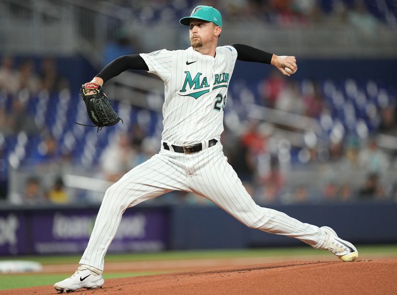 Aug 25, 2023; Miami, Florida, USA; Miami Marlins starting pitcher Braxton Garrett (29) pitches against the Washington Nationals in the first inning at loanDepot Park. Mandatory Credit: Jim Rassol-USA TODAY Sports