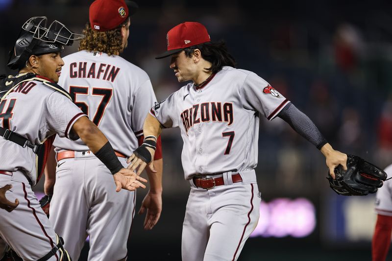 Jun 7, 2023; Washington, District of Columbia, USA; Arizona Diamondbacks left fielder Corbin Carroll (7) celebrates with catcher Gabriel Moreno (14) after the game against the Washington Nationals at Nationals Park. Mandatory Credit: Scott Taetsch-USA TODAY Sports