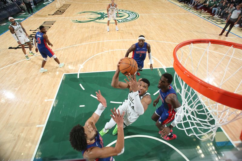 MILWAUKEE, WI - NOVEMBER 13: Giannis Antetokounmpo #34 of the Milwaukee Bucks drives to the basket during the game against the Detroit Pistons on November 13, 2024 at the Fiserv Forum Center in Milwaukee, Wisconsin. NOTE TO USER: User expressly acknowledges and agrees that, by downloading and or using this Photograph, user is consenting to the terms and conditions of the Getty Images License Agreement. Mandatory Copyright Notice: Copyright 2024 NBAE (Photo by Gary Dineen/NBAE via Getty Images).