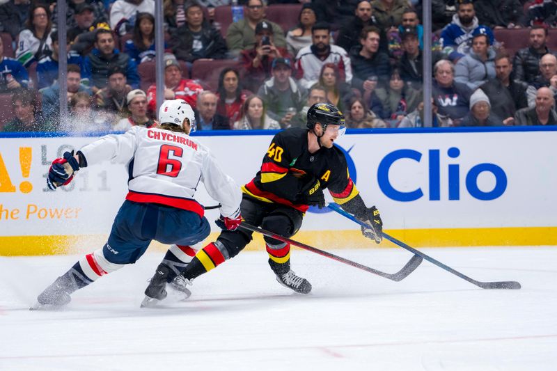 Jan 25, 2025; Vancouver, British Columbia, CAN; Washington Capitals defenseman Jakob Chychrun (6) defends against Vancouver Canucks forward Elias Pettersson (40) in the second period at Rogers Arena. Mandatory Credit: Bob Frid-Imagn Images