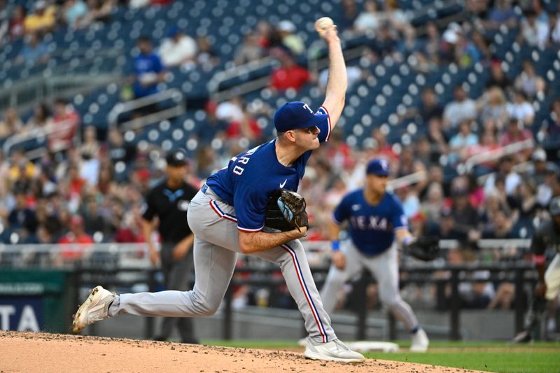 Jul 7, 2023; Washington, District of Columbia, USA; Texas Rangers starting pitcher Cody Bradford (61) throws to the Washington Nationals during the third inning at Nationals Park. Mandatory Credit: Brad Mills-USA TODAY Sports