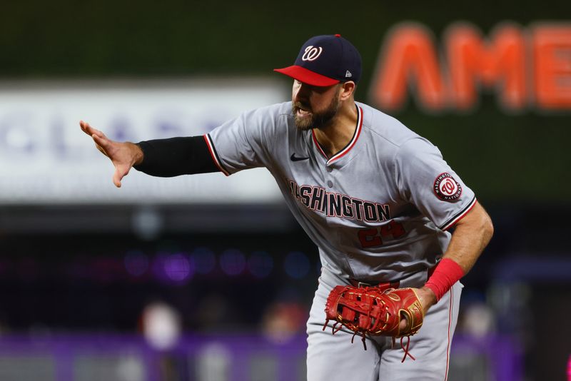 Sep 4, 2024; Miami, Florida, USA; Washington Nationals first baseman Joey Gallo (24) runs to first base to retire Miami Marlins designated hitter Jonah Bride (not pictured) during the second inning at loanDepot Park. Mandatory Credit: Sam Navarro-Imagn Images