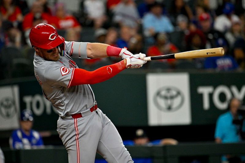 Apr 27, 2024; Arlington, Texas, USA; Cincinnati Reds catcher Tyler Stephenson (37) hits a single against the Texas Rangers during the second inning at Globe Life Field. Mandatory Credit: Jerome Miron-USA TODAY Sports