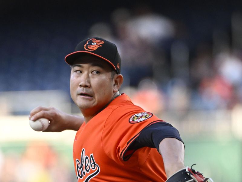 Apr 23, 2025; Washington, District of Columbia, USA; Baltimore Orioles pitcher Tomoyuki Sugano (19) throws to the Washington Nationals during the first inning at Nationals Park. Mandatory Credit: Brad Mills-Imagn Images
