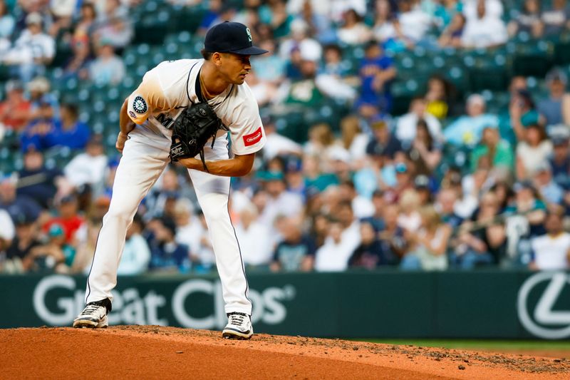 May 28, 2025; Seattle, Washington, USA; Seattle Mariners relief pitcher Las Cantano (62) stands on the mound against the Washington Nationals during the seventh inning at T-Mobile Park. Mandatory Credit: Joe Nicholson-Imagn Images