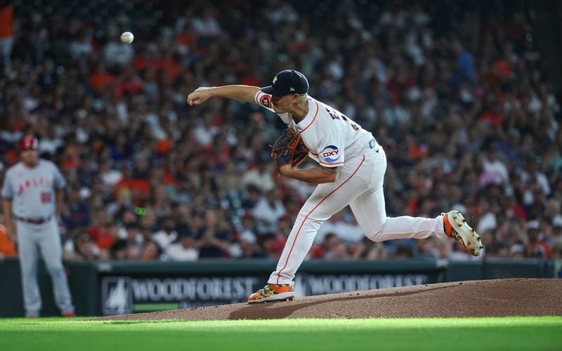 Aug 12, 2023; Houston, Texas, USA; Houston Astros starting pitcher J.P. France (68) delivers a pitch during the first inning against the Los Angeles Angels at Minute Maid Park. Mandatory Credit: Troy Taormina-USA TODAY Sports