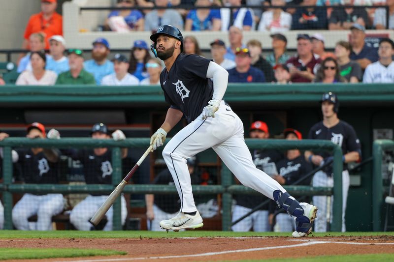 Mar 7, 2024; Lakeland, Florida, USA; Detroit Tigers center fielder Riley Greene (31) watches a batted ball during the first inning against the Toronto Blue Jays at Publix Field at Joker Marchant Stadium. Mandatory Credit: Mike Watters-USA TODAY Sports