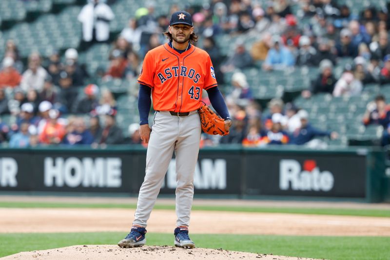 May 4, 2025; Chicago, Illinois, USA; Houston Astros starting pitcher Lance McCullers Jr. (43) looks on as he pitches against the Chicago White Sox during the first inning at Rate Field. Mandatory Credit: Kamil Krzaczynski-Imagn Images
