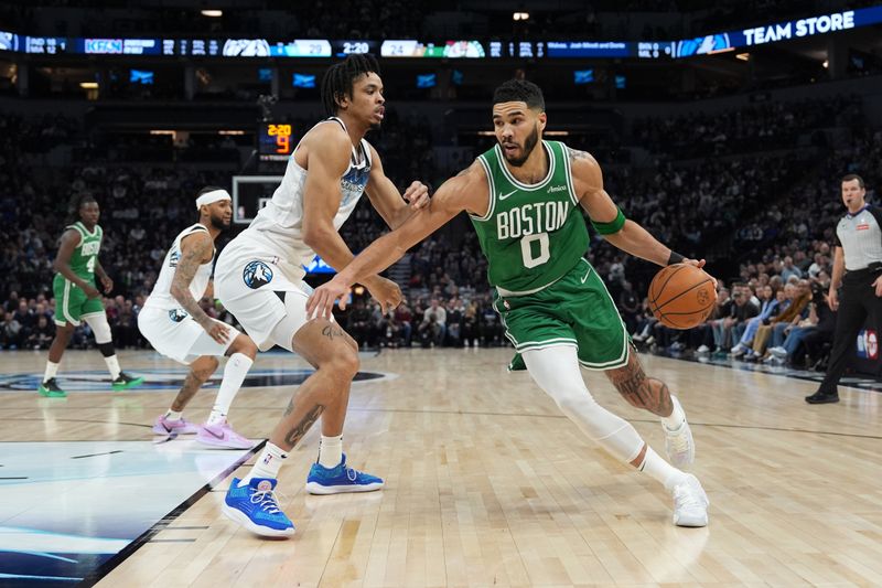 MINNEAPOLIS, MN -  JANUARY 2:  Jayson Tatum #0 of the Boston Celtics dribbles the ball during the game against the Minnesota Timberwolves on January 2, 2025 at Target Center in Minneapolis, Minnesota. NOTE TO USER: User expressly acknowledges and agrees that, by downloading and or using this Photograph, user is consenting to the terms and conditions of the Getty Images License Agreement. Mandatory Copyright Notice: Copyright 2025 NBAE (Photo by Jordan Johnson/NBAE via Getty Images)