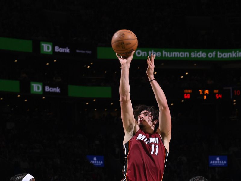 BOSTON, MA - APRIL 21: Jaime Jaquez Jr. #11 of the Miami Heat shoots the ball during the game against the Boston Celtics during Round 1 Game 1 of the 2024 NBA Playoffs on April 21, 2024 at the TD Garden in Boston, Massachusetts. NOTE TO USER: User expressly acknowledges and agrees that, by downloading and or using this photograph, User is consenting to the terms and conditions of the Getty Images License Agreement. Mandatory Copyright Notice: Copyright 2024 NBAE  (Photo by Brian Babineau/NBAE via Getty Images)