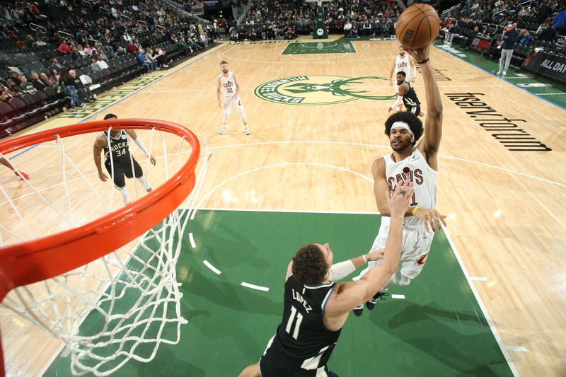 MILWAUKEE, WI - JANUARY 26:  Jarrett Allen #31 of the Cleveland Cavaliers shoots the ball during the game  against the Milwaukee Bucks on January 26, 2024 at the Fiserv Forum Center in Milwaukee, Wisconsin. NOTE TO USER: User expressly acknowledges and agrees that, by downloading and or using this Photograph, user is consenting to the terms and conditions of the Getty Images License Agreement. Mandatory Copyright Notice: Copyright 2024 NBAE (Photo by Gary Dineen/NBAE via Getty Images).