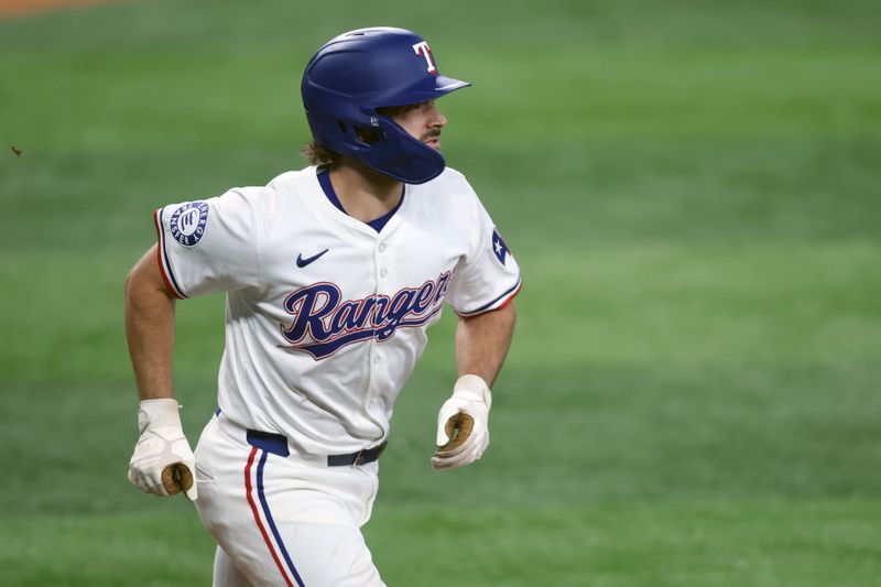 Jun 22, 2024; Arlington, Texas, USA; Texas Rangers third base Josh Smith (8) rounds the bases after hitting a solo home run in the fourth inning against the Kansas City Royals at Globe Life Field. Mandatory Credit: Tim Heitman-USA TODAY Sports