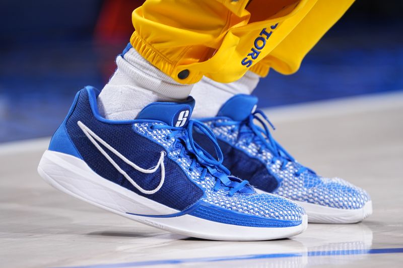 DALLAS, TX - MARCH 13: The sneakers worn by Moses Moody #4 of the Golden State Warriors before the game against the Dallas Mavericks on March 13, 2024 at the American Airlines Center in Dallas, Texas. NOTE TO USER: User expressly acknowledges and agrees that, by downloading and or using this photograph, User is consenting to the terms and conditions of the Getty Images License Agreement. Mandatory Copyright Notice: Copyright 2024 NBAE (Photo by Glenn James/NBAE via Getty Images)