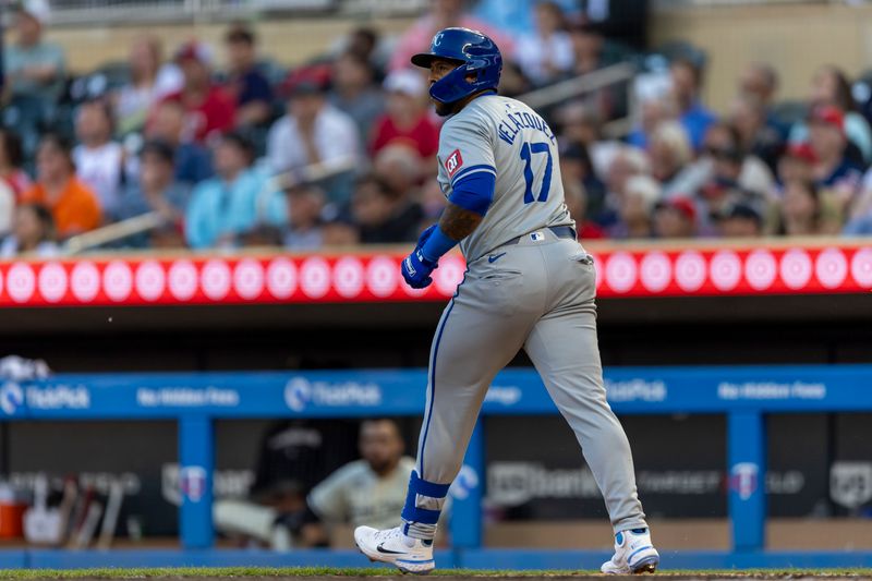 May 29, 2024; Minneapolis, Minnesota, USA; Kansas City Royals designated hitter Nelson Velazquez (17) looks on as he hits a solo home run against the Minnesota Twins in the fifth inning at Target Field. Mandatory Credit: Jesse Johnson-USA TODAY Sports