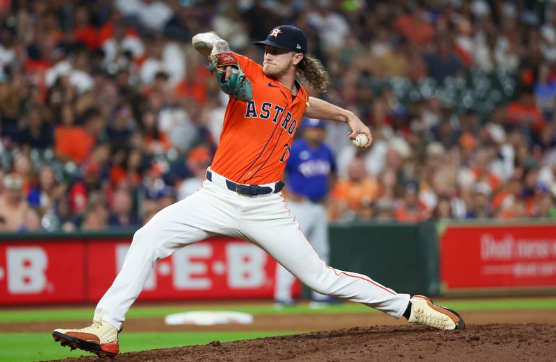 Jul 12, 2024; Houston, Texas, USA;  Houston Astros relief pitcher Josh Hader (71) pitches against the Texas Rangers in the ninth inning at Minute Maid Park. Mandatory Credit: Thomas Shea-USA TODAY Sports