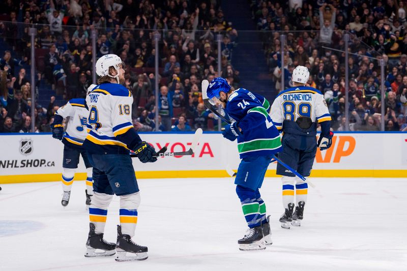 Jan 24, 2024; Vancouver, British Columbia, CAN; St. Louis Blues forward Robert Thomas (18) watches as Vancouver Canucks forward Pius Suter (24) celebrates his second goal of the game in the third period at Rogers Arena. Blues 4-3 in overtime. Mandatory Credit: Bob Frid-USA TODAY Sports