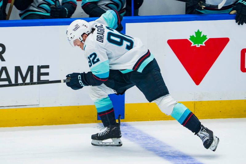 Sep 26, 2025; Vancouver, British Columbia, CAN; Seattle Kraken defenseman Lukas Dragicevic (92) skates against the Vancouver Canucks in the first period at Rogers Arena. Mandatory Credit: Bob Frid-Imagn Images