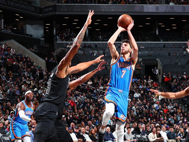 BROOKLYN, NY - JANUARY 5: Chet Holmgren #7 of the Oklahoma City Thunder shoots the ball during the game  on January 5, 2024 at Barclays Center in Brooklyn, New York. NOTE TO USER: User expressly acknowledges and agrees that, by downloading and or using this Photograph, user is consenting to the terms and conditions of the Getty Images License Agreement. Mandatory Copyright Notice: Copyright 2024 NBAE (Photo by David L. Nemec/NBAE via Getty Images)