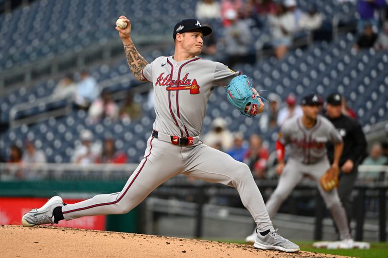 May 22, 2025; Washington, District of Columbia, USA; Atlanta Braves pitcher AJ Smith-Shawver (32) throws to the Washington Nationals during the second inning at Nationals Park. Mandatory Credit: Brad Mills-Imagn Images