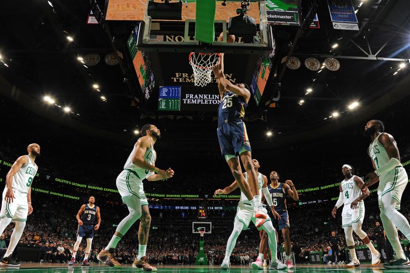 BOSTON, MA - JANUARY 29: Trey Murphy III #25 of the New Orleans Pelicans drives to the basket during the game against the Boston Celtics on January 29, 2024 at the TD Garden in Boston, Massachusetts. NOTE TO USER: User expressly acknowledges and agrees that, by downloading and or using this photograph, User is consenting to the terms and conditions of the Getty Images License Agreement. Mandatory Copyright Notice: Copyright 2024 NBAE  (Photo by Brian Babineau/NBAE via Getty Images)