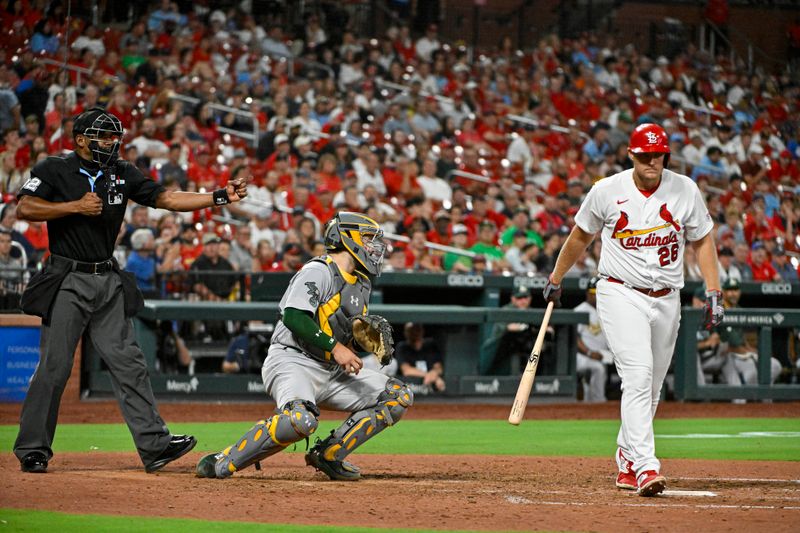 Aug 14, 2023; St. Louis, Missouri, USA;  St. Louis Cardinals designated hitter Luken Baker (26) is called out on strikes by umpire Edwin Moscoso (32) during the seventh inning against the Oakland Athletics at Busch Stadium. Mandatory Credit: Jeff Curry-USA TODAY Sports