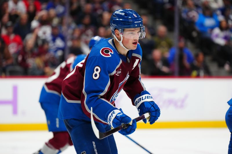 Nov 9, 2024; Denver, Colorado, USA; Colorado Avalanche defenseman Cale Makar (8) during the third period against the Carolina Hurricanes at Ball Arena. Mandatory Credit: Ron Chenoy-Imagn Images