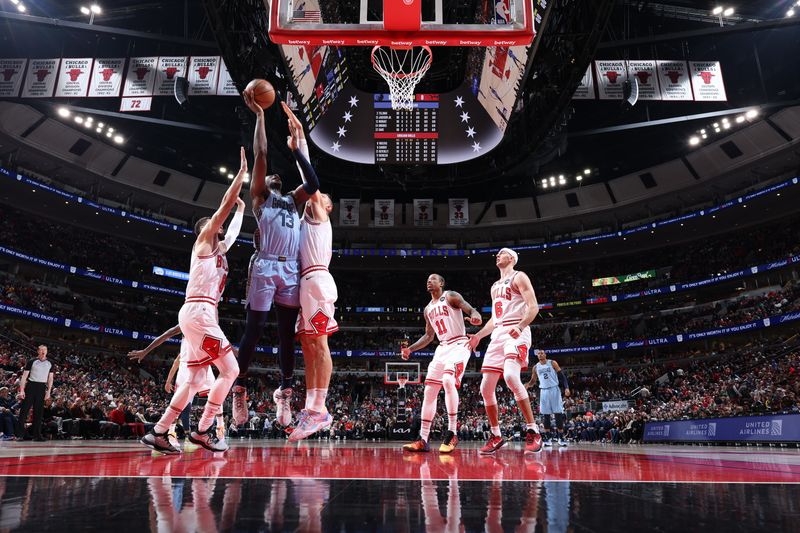 CHICAGO, IL - APRIL 2: Jaren Jackson Jr. #13 of the Memphis Grizzlies shoots the ball during the game against the Chicago Bulls on April 2, 2023 at United Center in Chicago, Illinois. NOTE TO USER: User expressly acknowledges and agrees that, by downloading and or using this photograph, User is consenting to the terms and conditions of the Getty Images License Agreement. Mandatory Copyright Notice: Copyright 2023 NBAE (Photo by Jeff Haynes/NBAE via Getty Images)