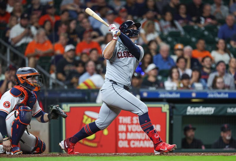 May 1, 2024; Houston, Texas, USA;  Cleveland Guardians designated hitter Will Brennan (17) hits a home run during the fifth inning against the Houston Astros at Minute Maid Park. Mandatory Credit: Troy Taormina-USA TODAY Sports